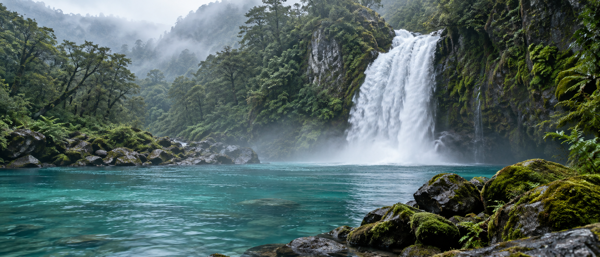 Cascada entre bosque húmedo y lago turquesa